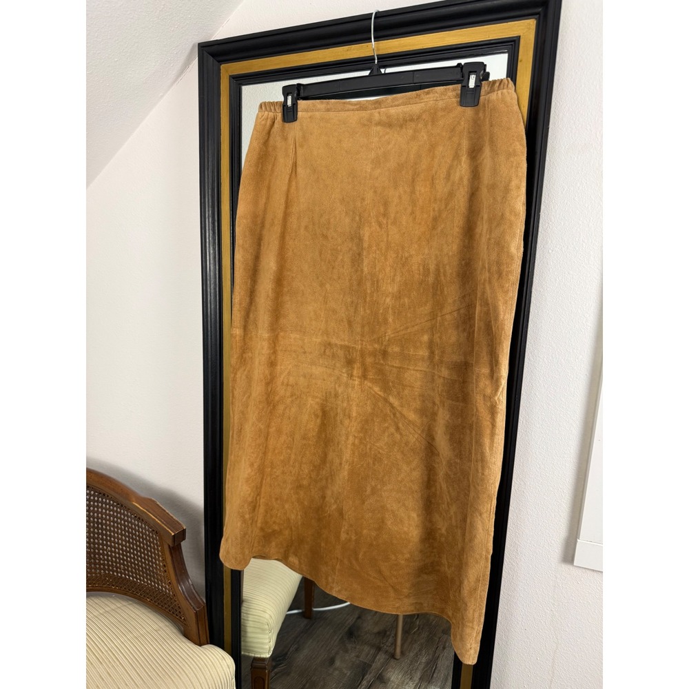 Vintage St Johns Bay Washable Suede Leather Midi Skirt Tan Camel Brown Size 16W